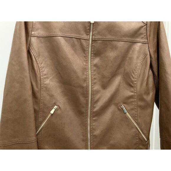 Chicos Jacket Small (1) Brown Vegan Faux Leather Sleeves Ruffle Trim Zip Lined - Picture 3 of 12